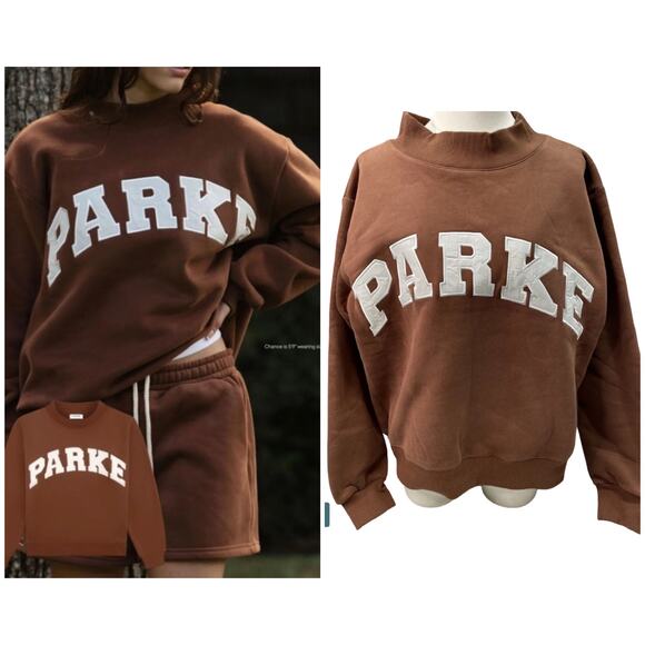 Parke Tops - NEW‎ Parke Varsity Mockneck Sweatshirt Brown Oversized Fleece Cozy Lounge Viral